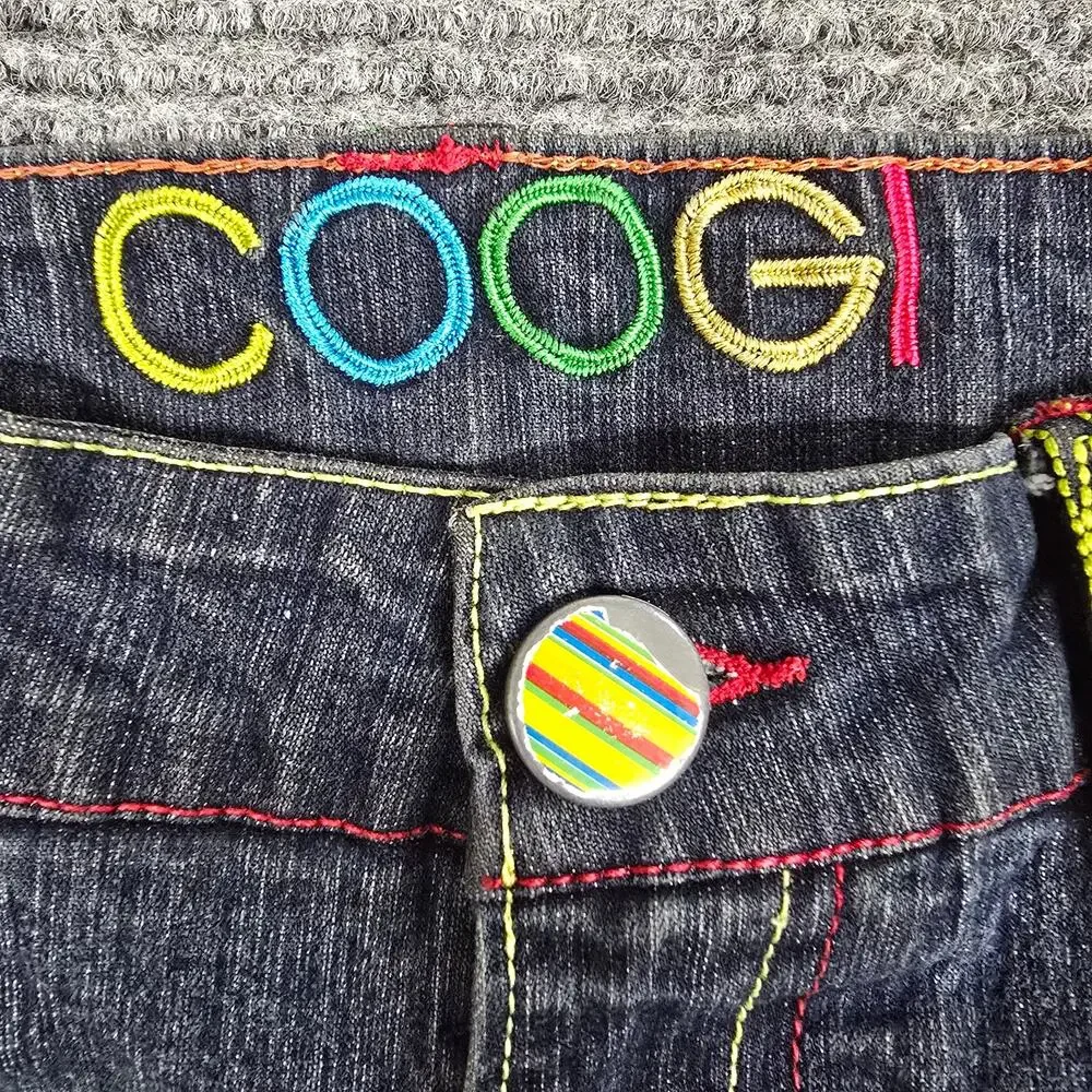 COOGI Womens 7/8 or 28x13 Denim Bermuda Shorts Rainbow Embroidered Y2K Hip Hop